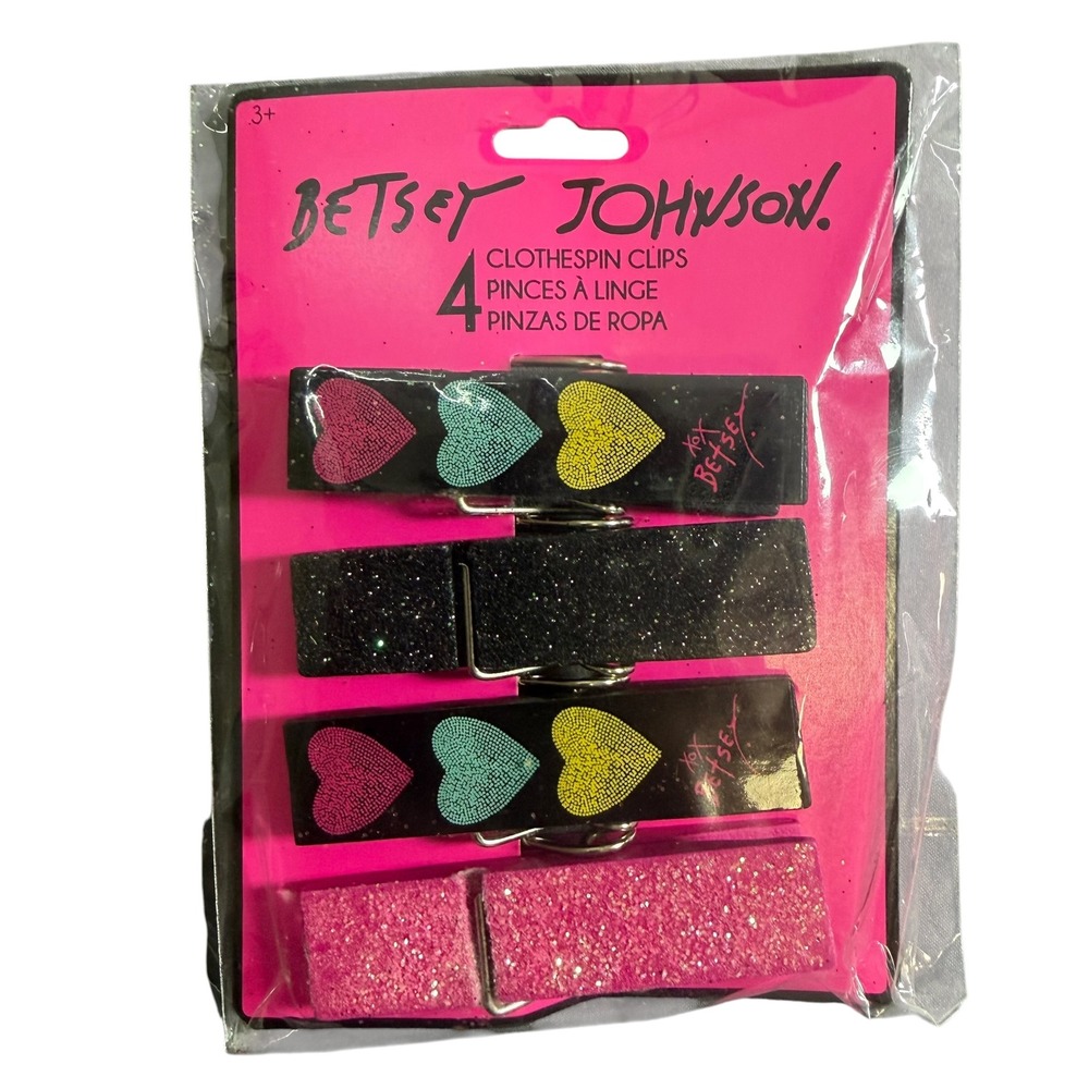 Betsey Johnson 4 Clothespin Clips Black Pink Glitter Heart Decorative Set